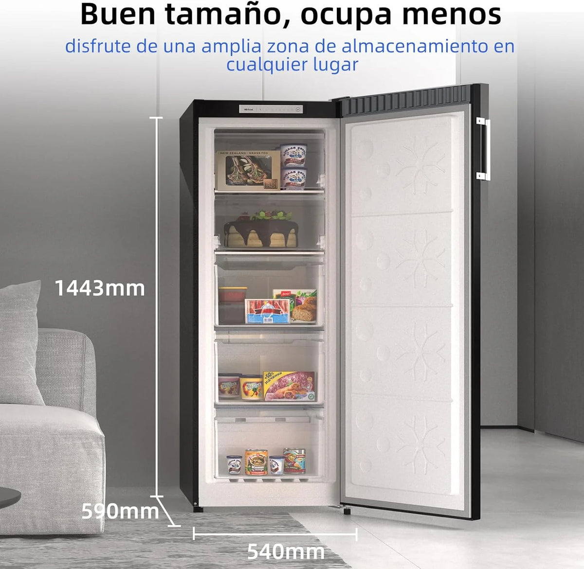 CHiQ Congelador Vertical No frost 166L,FSD166NE4E, Cajones XL, Control de Temperatura Electrónico, Puertas Reversibles, Silencioso, Ice Box, Color Inox Negro, Clase Energética E