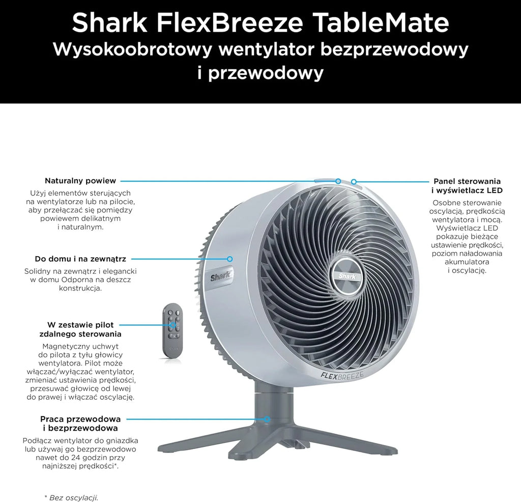 Shark FlexBreeze TableMate Wentylator bezprzewodowy wewnętrzno-zewnętrzny, do 24 godz. pracy, wydajne chłodzenie, zasięg 20 m, cichy, 5 szybkości, oscylacja, zdalne sterowanie, zimowa mgła, FA150EU