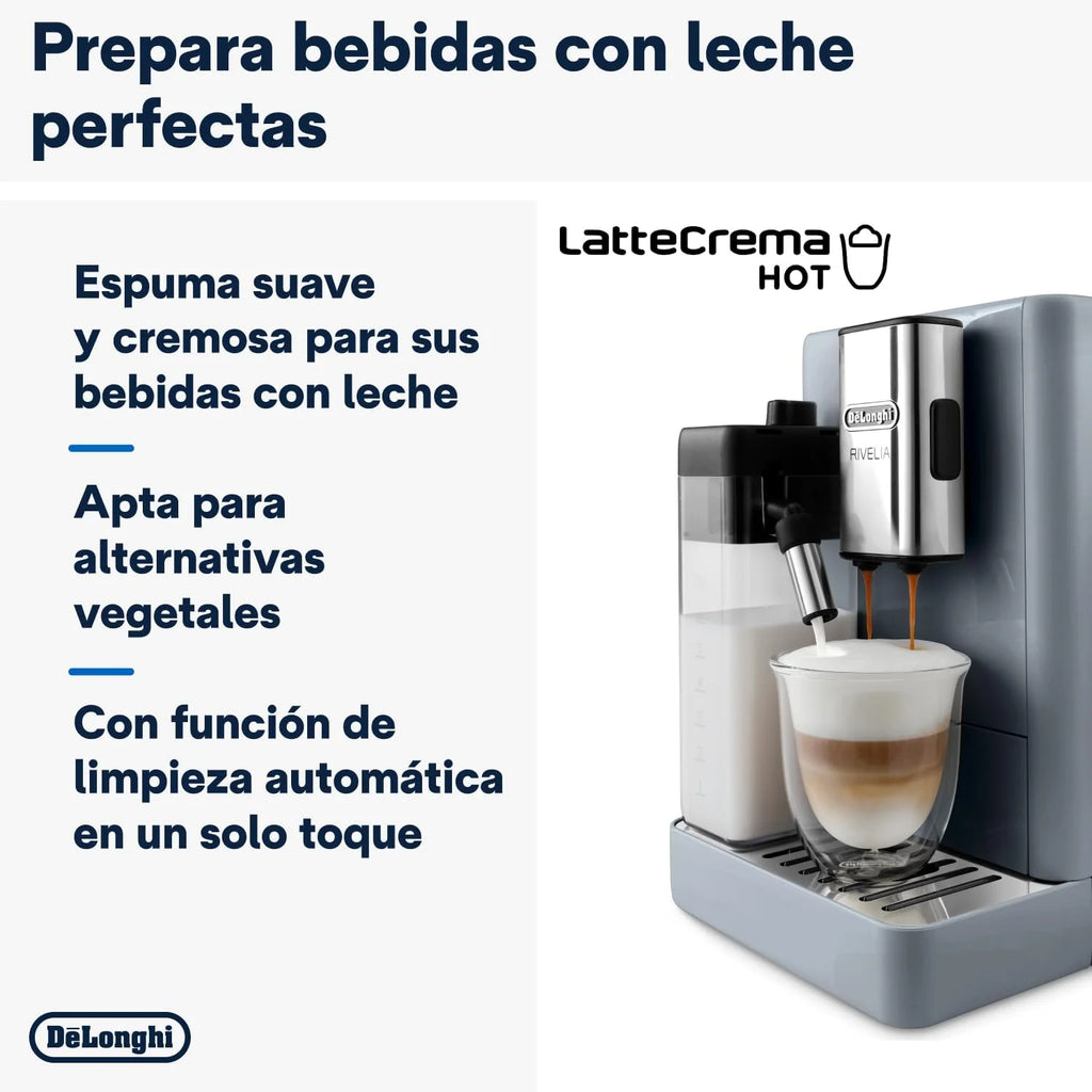 De'Longhi Rivelia EXAM440.55.G, Cafetera Superautomática con LatteCrema Hot, Espumador de Leche Automático, Tamaño Compacto, 16 Recetas, Pantalla Táctil a Color, Gris