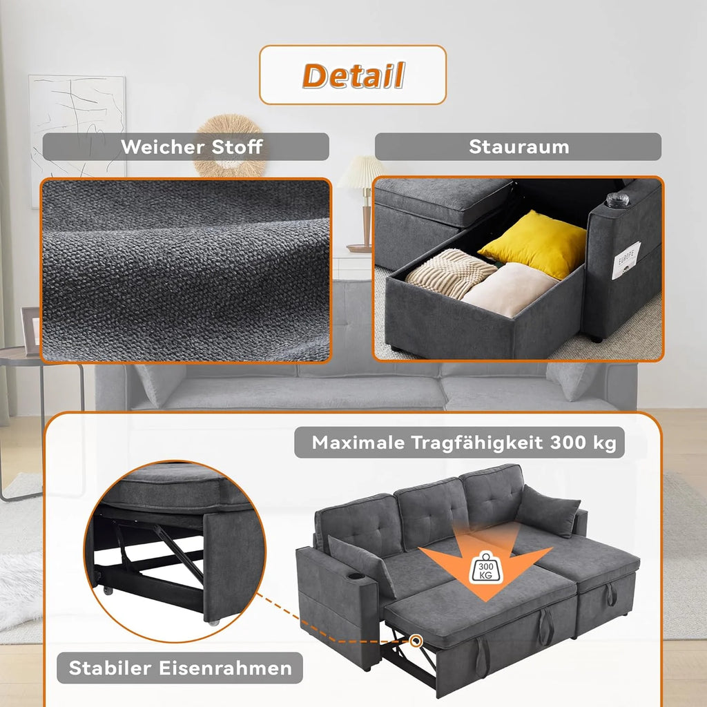 Sofá Cama 3 plazas con Portavasos y Bolsa Pasamanos Lateral, Sofá en Forma de L, Intercambiable a la Derecha y a la Izquierda, Gris