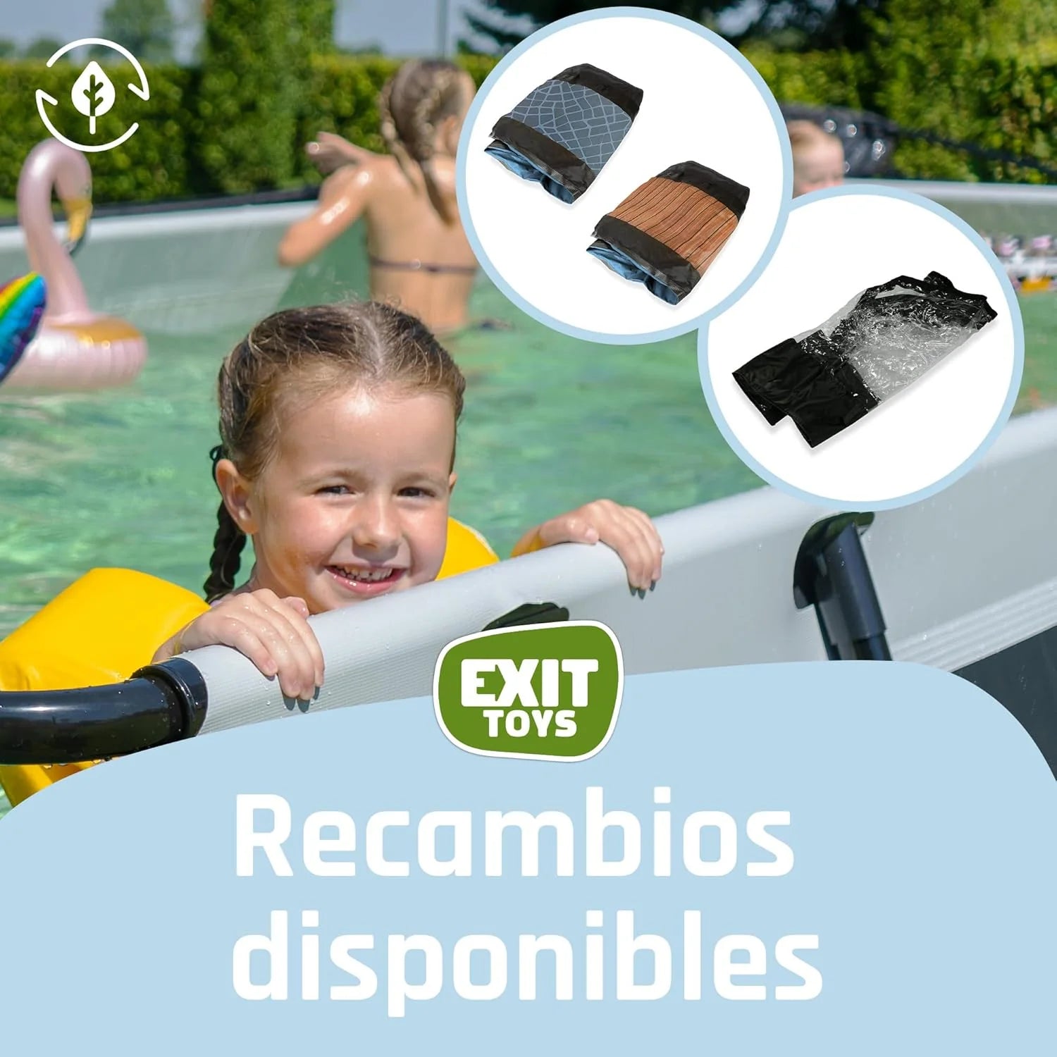 EXIT Toys Wood Pool con Toldo Solar - 220x150x65cm - Piscina de Marco Rectangular Compacta con Bomba de Filtro de Cartucho - Protección UV Óptima - Fácil Acceso - Diseño Único - Marrón