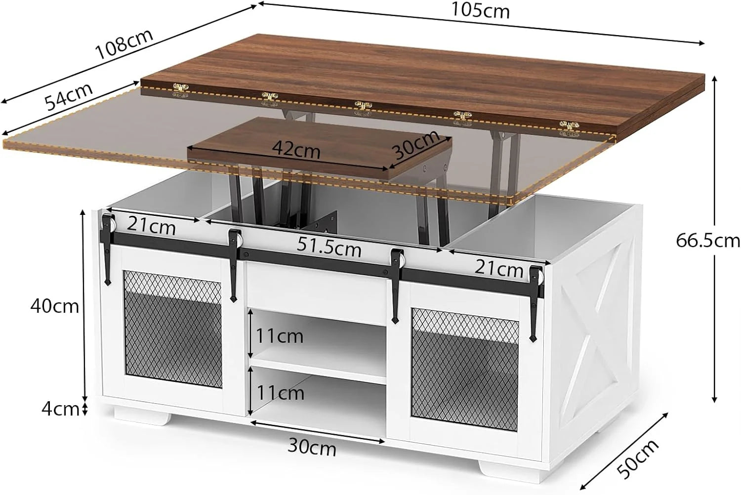 VOWNER Mesa de Centro Elevable, Mesa Extensible, Multifuncional 3 en 1 con Almacenamiento Oculto - Comedor, Convertible, Estilo Granja, Nogal