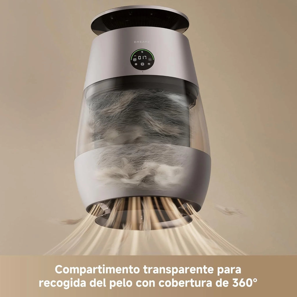 DREAME AP10 Purificador de Aire Para Hogares Con Mascotas, Sistema 360° Alta Presión Negativa, Purificación 5 Etapas Que Captura Pelo y Olores, Transparente, Tapa Curva, Luz Eco, Control Con App