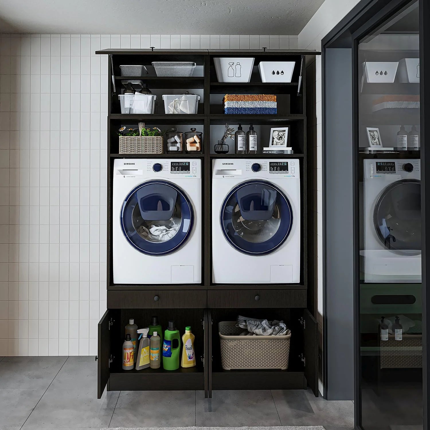 • Armario para lavadora con placa extraíble • Ahorro de espacio • Práctico • Ideal para lavadero (roble negro, 2 x armarios + 2 x accesorios (230 cm de alto)