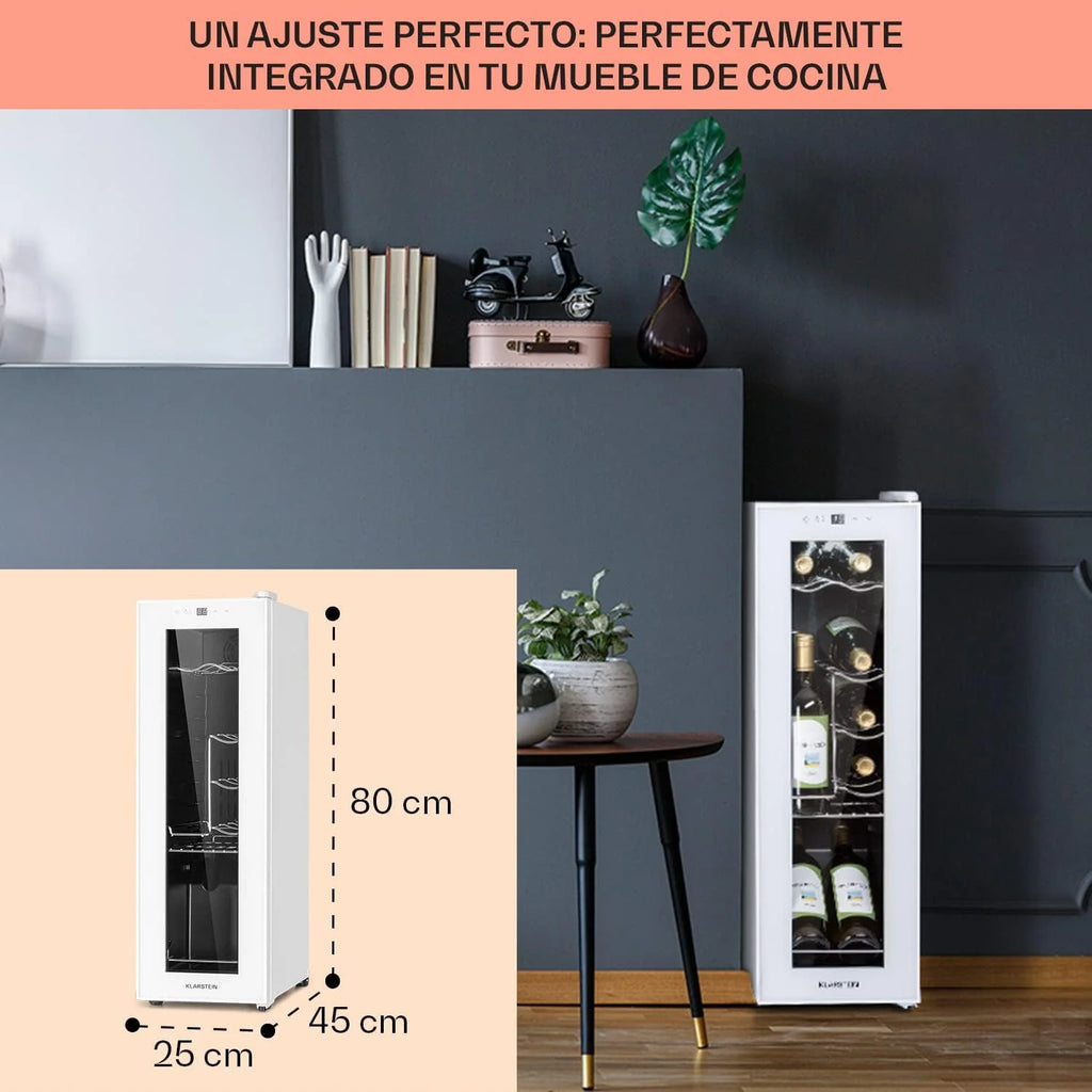 KLARSTEIN Vinoteca para Vinos de 32L Nevera Vino Una Zona, Botellas Vino, Proseco y Cervezas, Vinoteca Pequeña Puerta Cristal para Interior y Exterior, Nevera para Vinos Capacidad 12 Botellas