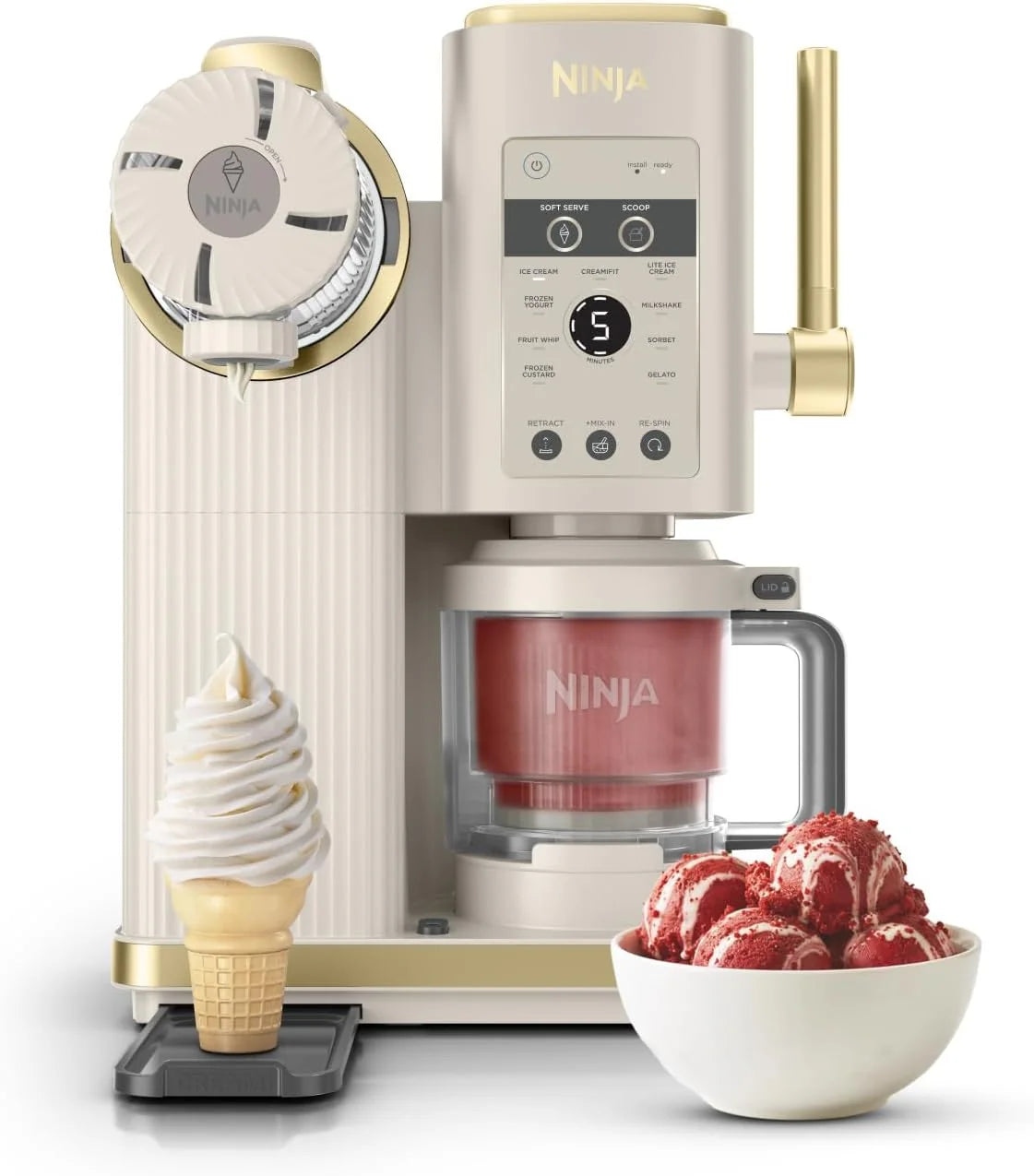 Ninja CREAMi Scoop and Swirl Maszyna do lodów z 2 pojemnikami, 13 funkcji, przygotowuje lody, lody włoskie, gelato, koktajle mleczne i inne desery, opcja dodatków, kamienne złoto, NC701EUSTGD