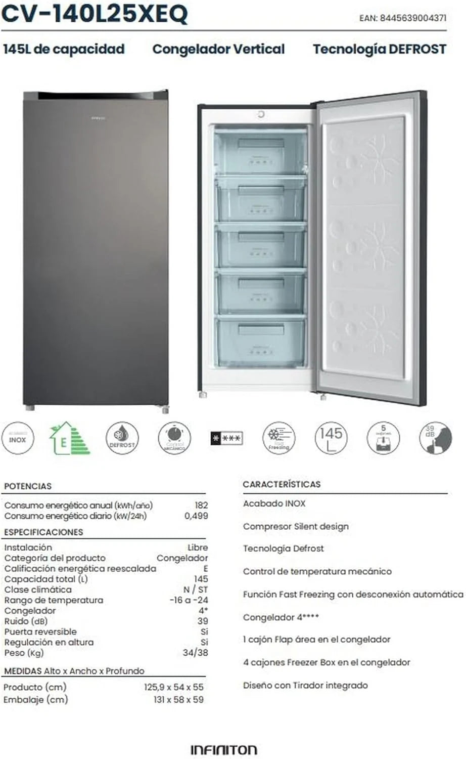 INFINITON Congelador Vertical CV-140L25XEQ, 145 Litros, E, Función Fast Freezing, Congelador 4****, cajón Flap, Tirador integrado, Puerta reversible, Inox