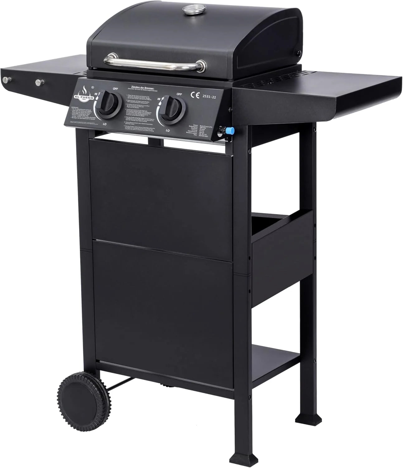 Grill gazowy "San Jose 2 palniki" firmy El Fuego®, w zestawie wąż gazowy i reduktor ciśnienia, ruszt do grillowania z żeliwa, z termometrem i dużymi półkami bocznymi, grill BBQ | AY0204