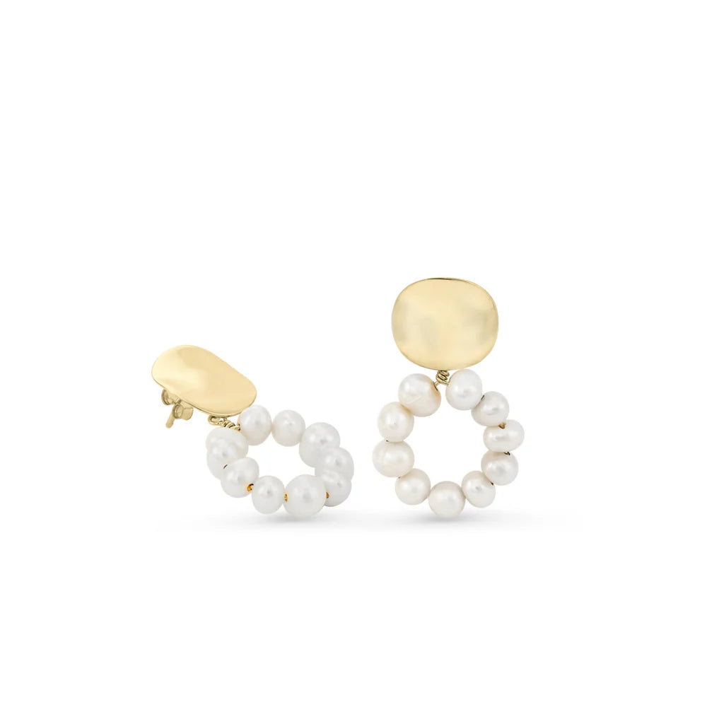 Pendientes perlas y collar diseño circular con botón dorado