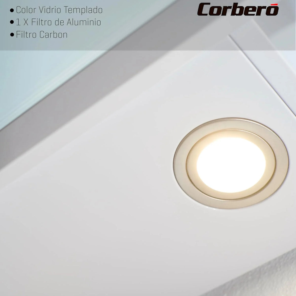 Corberó - Campana Extractora 90 cm | VICTORIA960W | 594,2 m3/h| 67db| 165W, |3 Velocidades, | Control Touch |Vidrio Templado | Filtro de Aluminio + Filtro Carbón | Cristal Blanco