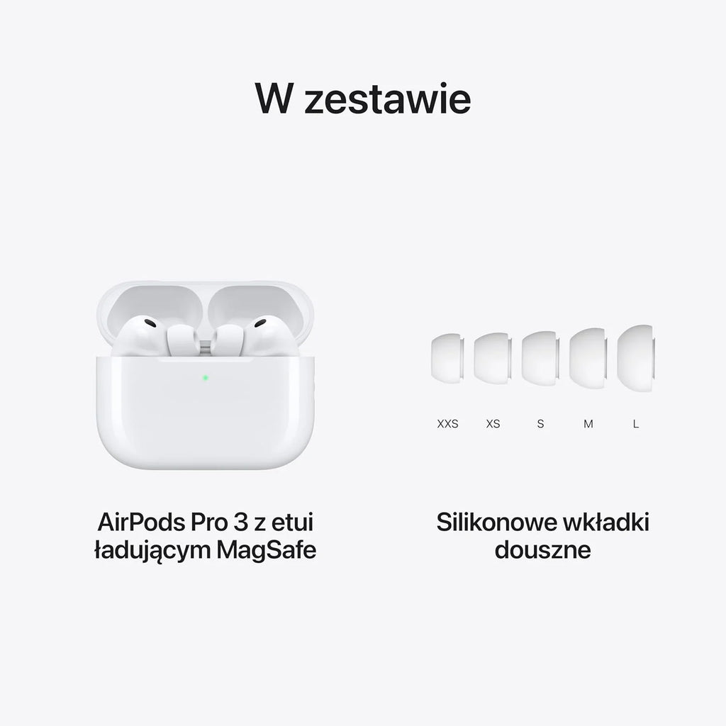 Apple AirPods Pro 3 Bezprzewodowe słuchawki, aktywna redukcja hałasu, pomiary tętna, funkcja aparatu słuchowego, Bluetooth, dźwięk przestrzenny, Hi-Fi, ładowanie przez USB-C