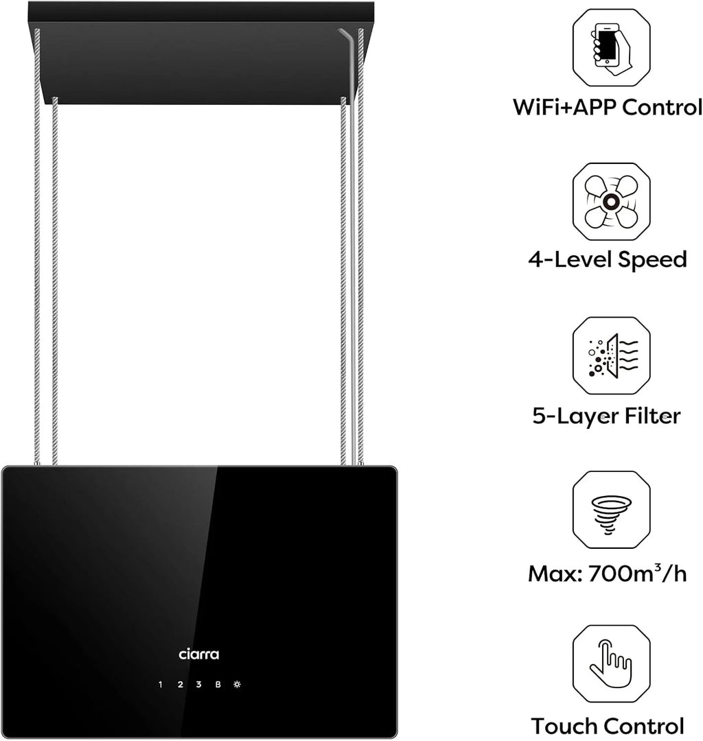 CIARRA CBCB4850 Campana Extractora en Isla sin Salida de Humos Clase A+++ 48cm 700m³/ h WiFi y Control Táctil Filtro de Carbón Incluido 4 Velocidades 2 Luces LED Negro
