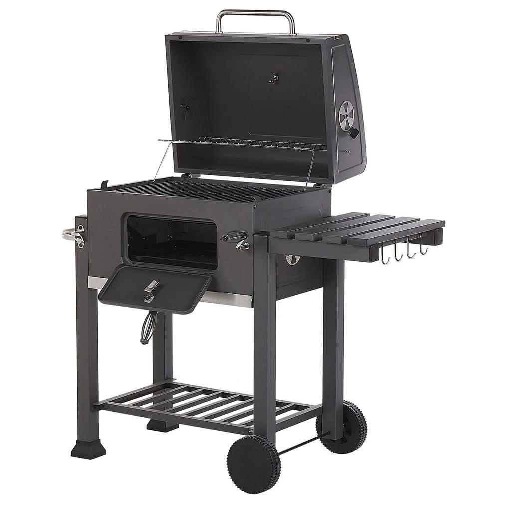 Barbacoa De Carbón Parrilla De Acero Gris Con Tapa Rejilla Ruedas 2 Estantes Termómetro Cenicero Extraíble Jardín Pavlof - Gris