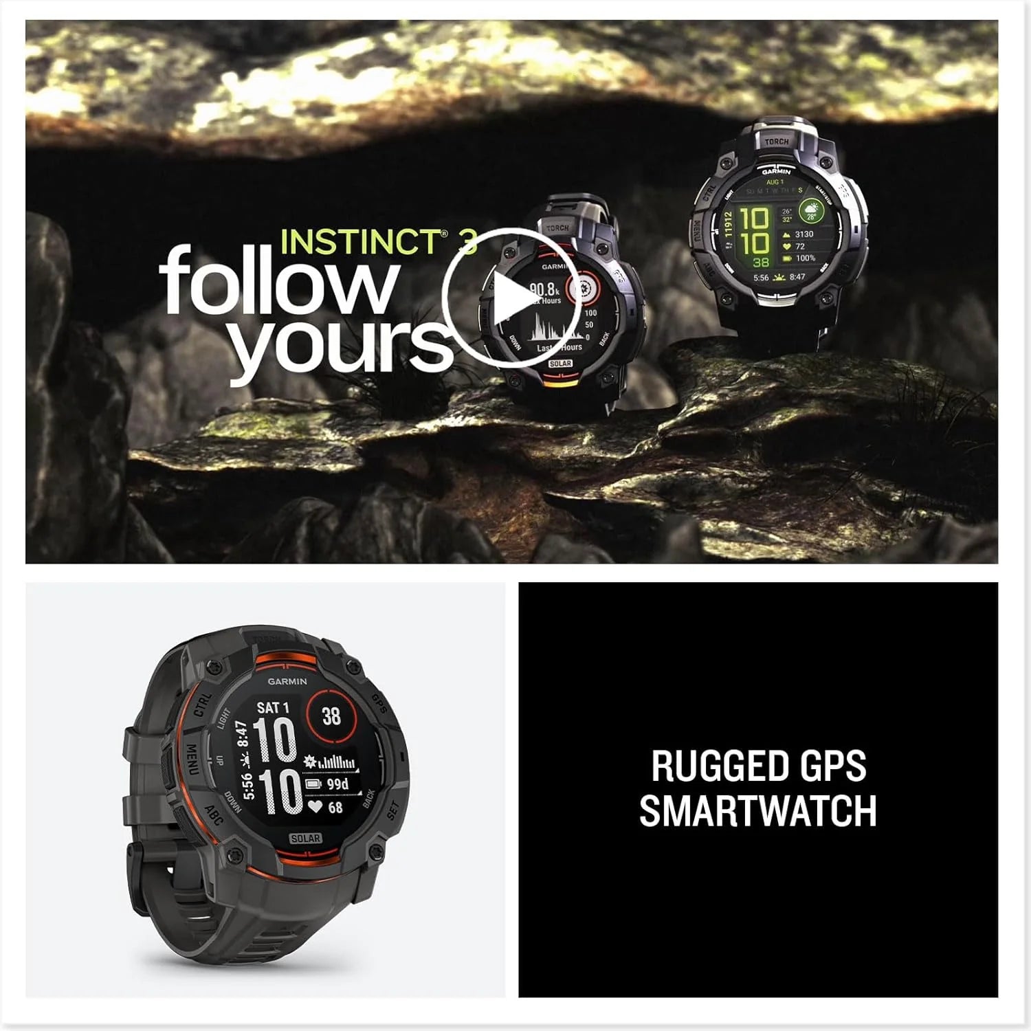Garmin Instinct 3 GPS 50mm Smartwatch, Solar, Black Bezel