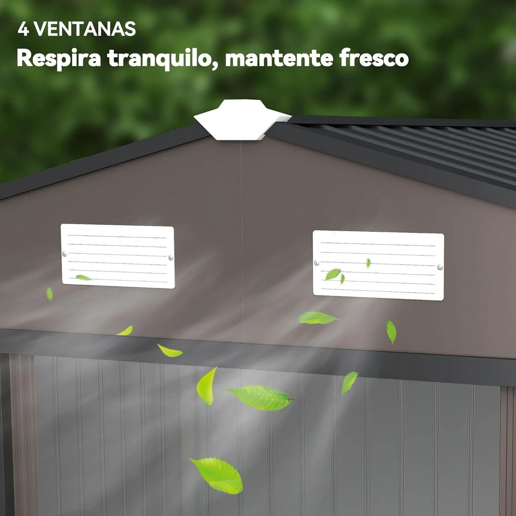 Outsunny Caseta de Jardín Exterior, 5 m² 277x195x192 cm, Cobertizo de Jardín Exterior Metálico con 2 Puertas Correderas, Base Refuerzo (Suelo NO Incluido) y 4 Ventanas, Marrón