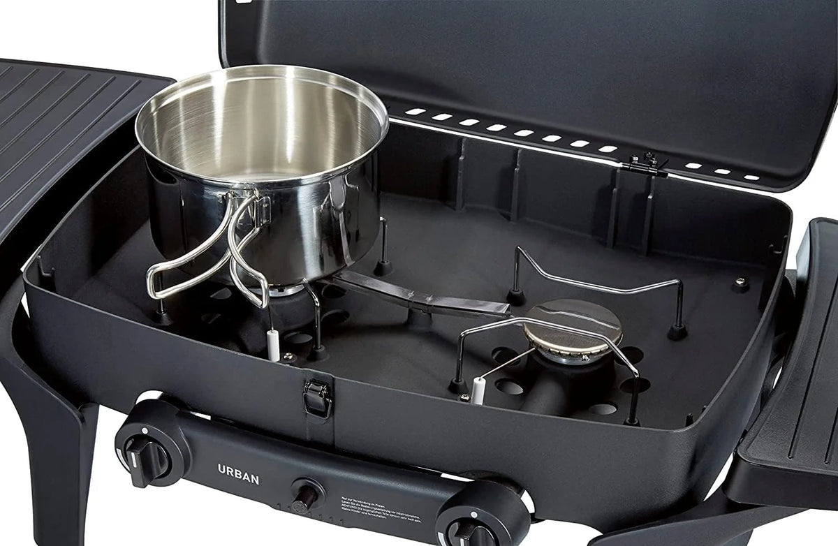 Enders Urban Barbacoa de gas portátil, barbacoa de sobremesa, Parrilla Gas 2 Quemadores con Tapa, Termómetro y Estantes Laterales Abatibles, BBQ Gas para camping jardín exterior, 30 mbar #209533