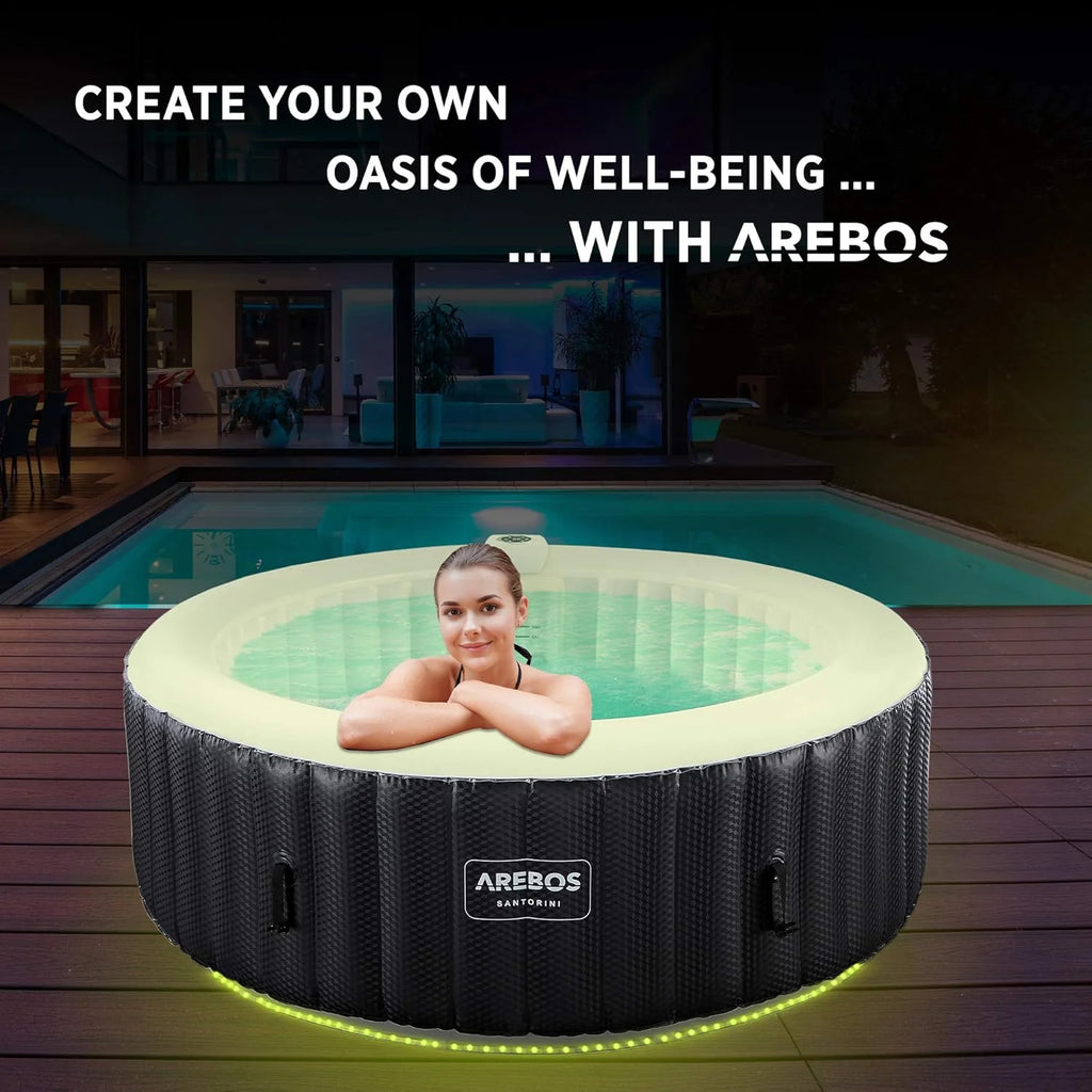 Arebos SPA Hinchable | Inflable automático | para Interior y Exterior | ⌀ 208 cm | 6 Personas | Banda Luminosa LED | 130 boquillas de Masaje | 1000 L | Incluye Cubierta | Bubble SPA & Wellness Masaje