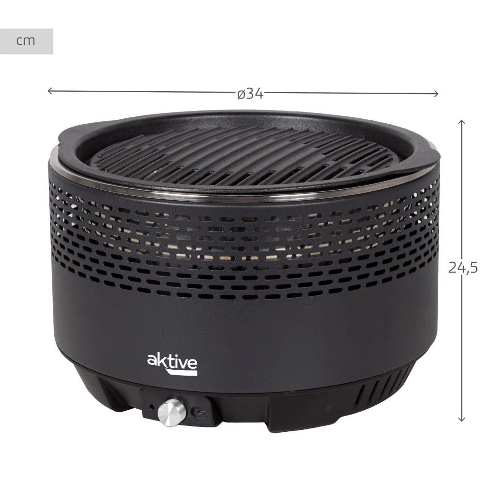 Barbacoa Portátil Negra A Carbón Sin Humo Aktive, Ø34x21,5cm, Con Protección Antigoteo