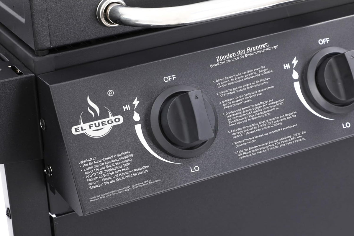 Grill gazowy "San Jose 2 palniki" firmy El Fuego®, w zestawie wąż gazowy i reduktor ciśnienia, ruszt do grillowania z żeliwa, z termometrem i dużymi półkami bocznymi, grill BBQ | AY0204