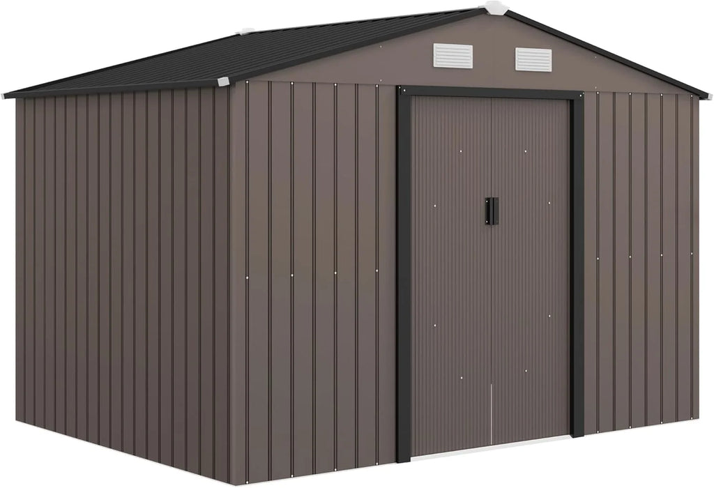 Outsunny Caseta de Jardín Exterior, 5 m² 277x195x192 cm, Cobertizo de Jardín Exterior Metálico con 2 Puertas Correderas, Base Refuerzo (Suelo NO Incluido) y 4 Ventanas, Marrón
