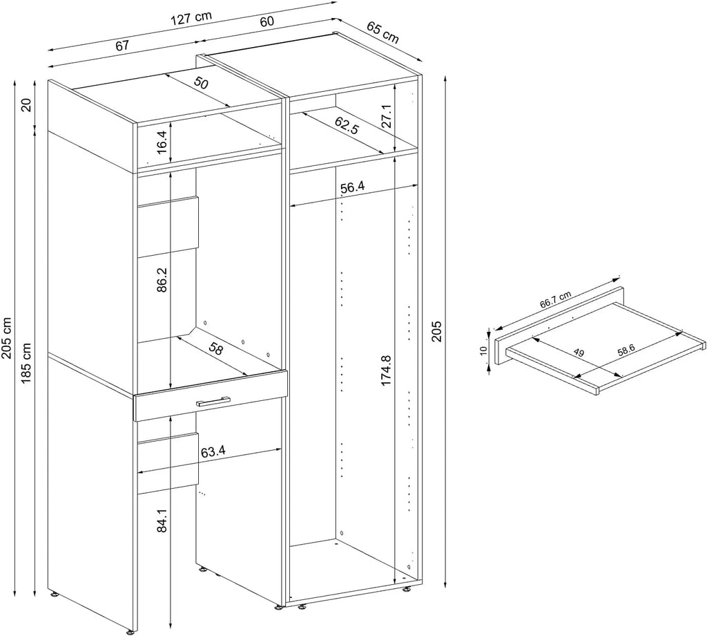 Armario de pared, secadora sobre lavadora, 127 cm de ancho, torre para lavadora, estantería (3 estantes, roble