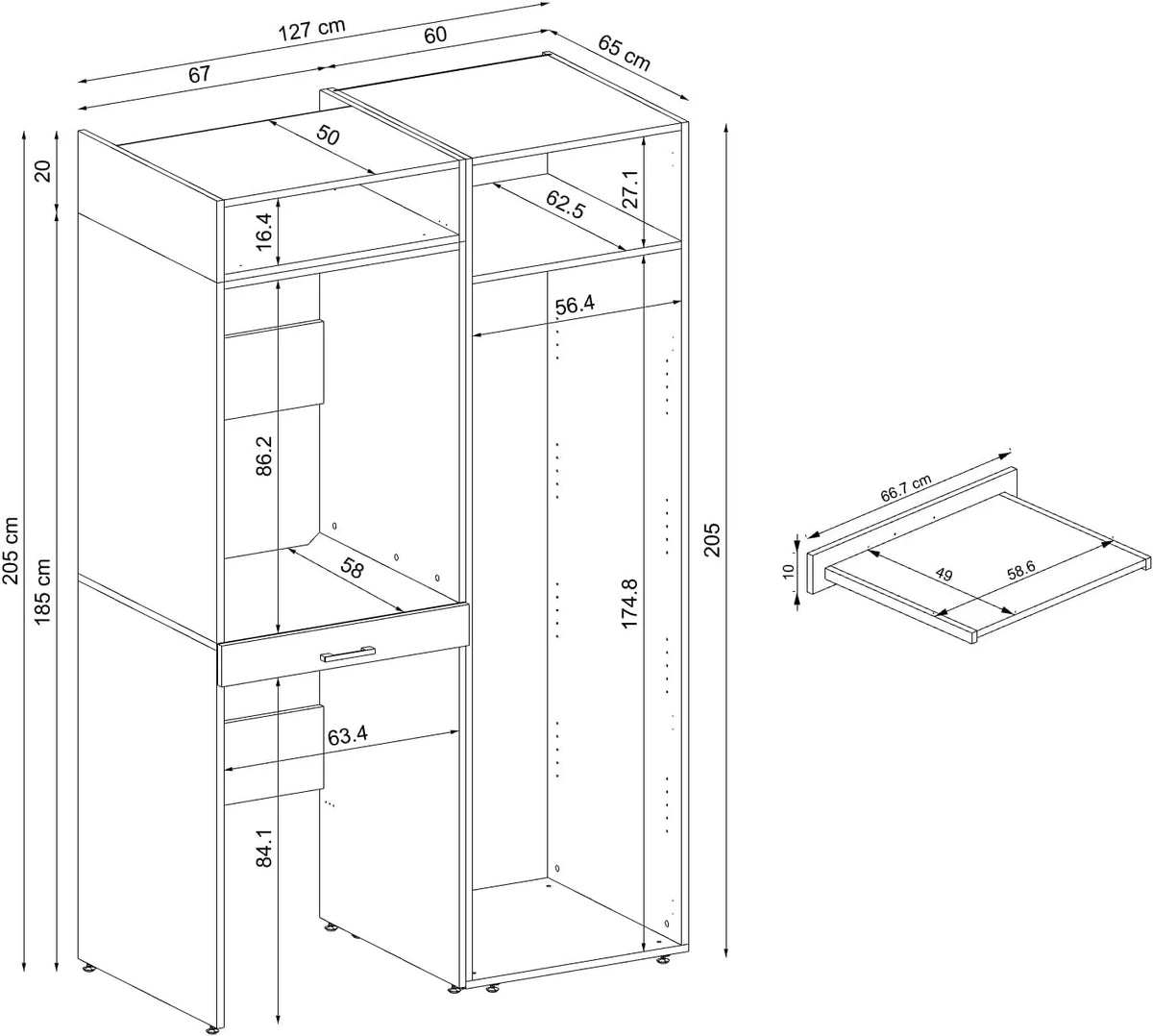 Armario de pared, secadora sobre lavadora, 127 cm de ancho, torre para lavadora, estantería (3 estantes, roble