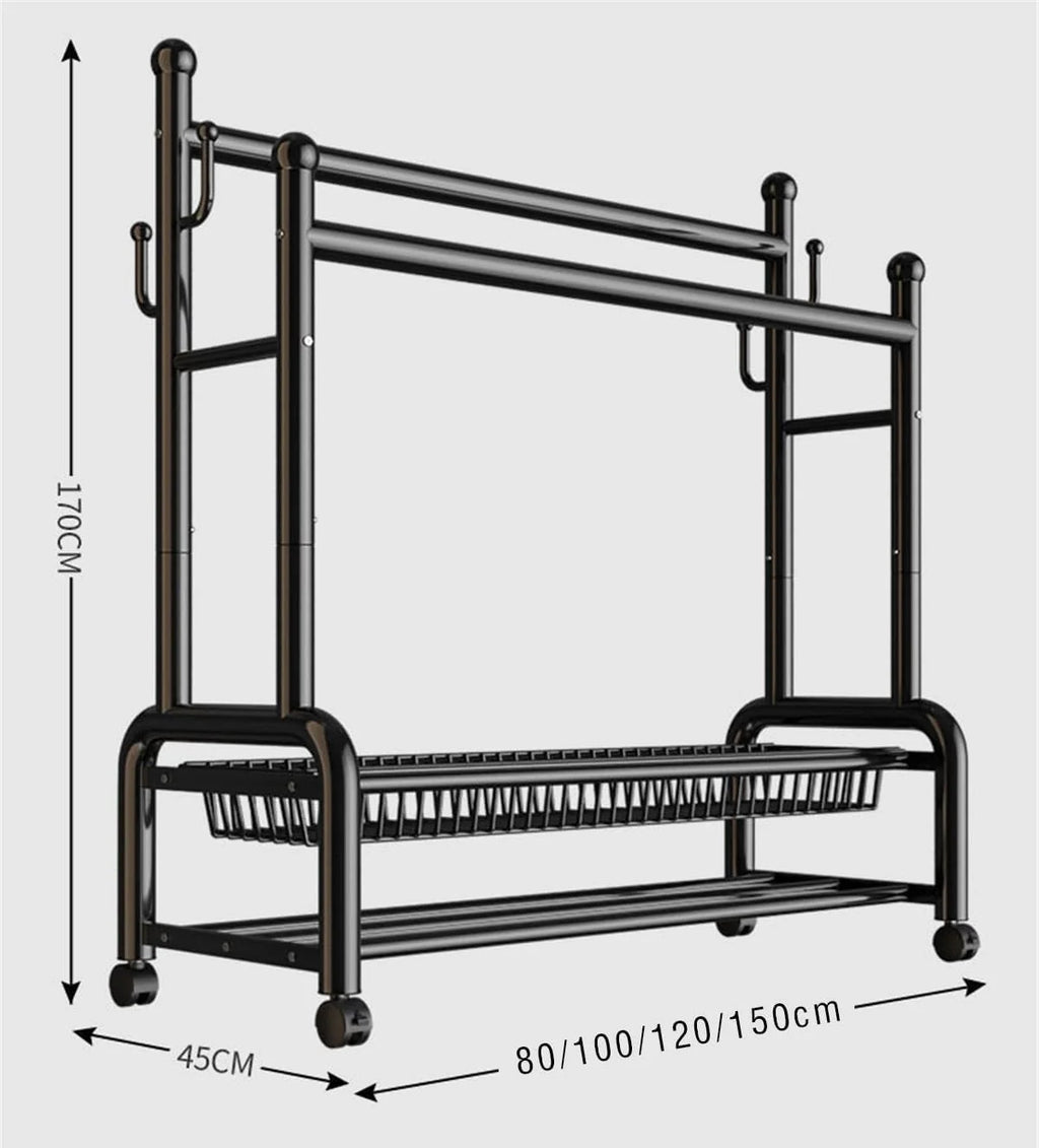 Perchero De Metal con Ruedas, Perchero de Acero Al Carbono con 2 Almacenamiento De Rack Y 2 Rieles De Ropa, Extraíble
