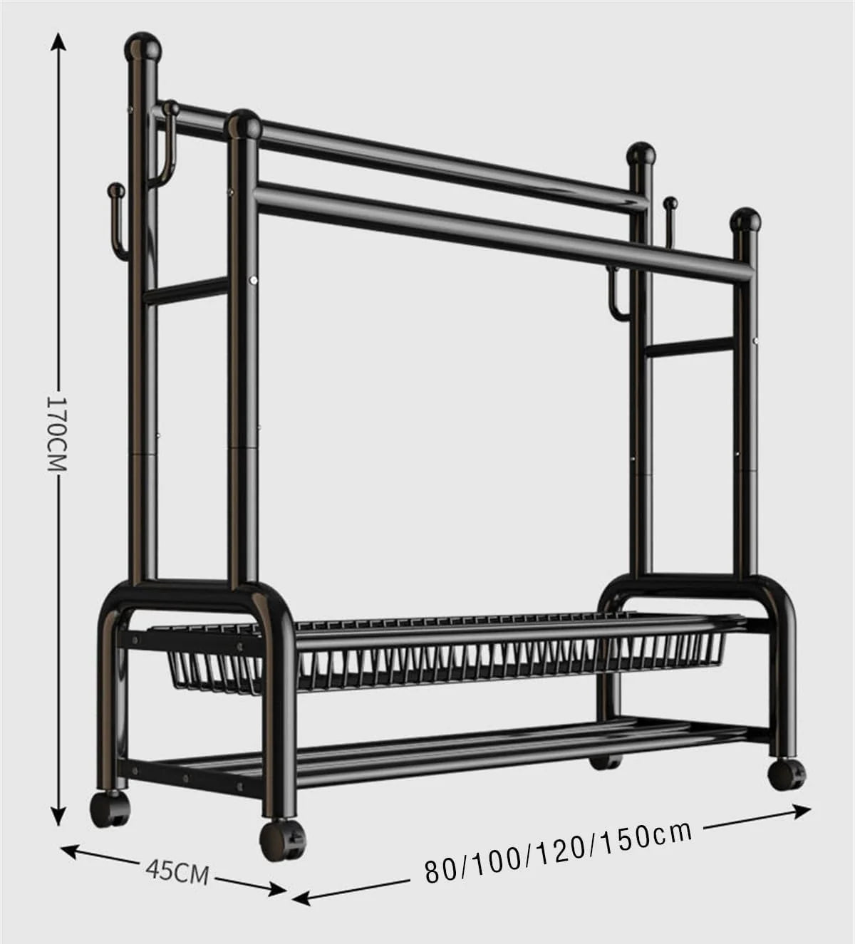Perchero De Metal con Ruedas, Perchero de Acero Al Carbono con 2 Almacenamiento De Rack Y 2 Rieles De Ropa, Extraíble