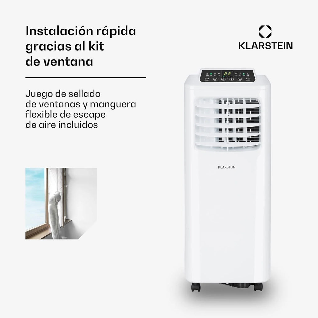 Klarstein Aire Acondicionado Portatil y Silencioso, 4 en 1 Enfriador de Aire para Casas y Oficinas con Modo Noche, Con Mando y Deshumidificador, Aires Acondicionados Bajo Consumo 7,000 BTU Blanco
