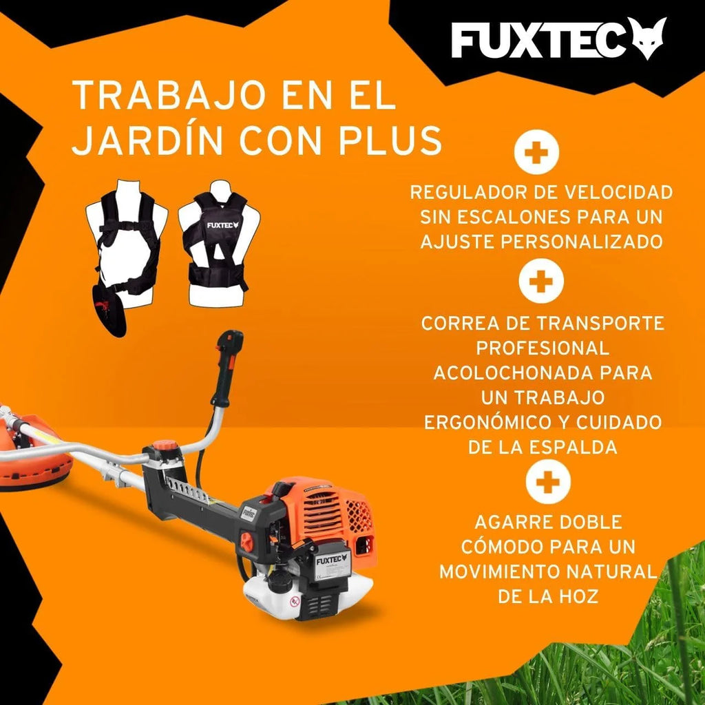FUXTEC Desbrozadora profesional de gasolina de 62 cc, 3,5 CV, Multiherramienta 2en1, con correa para el hombro, sistema antivibratorio recortadora multifunción Motor 2 tiempos