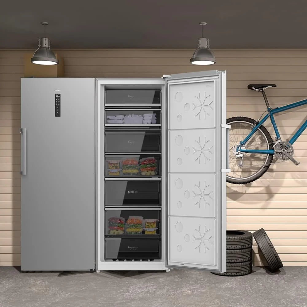 Cecotec Congelador Vertical de 380L Bolero CoolMarket UF 380 Inox. Motor Inverter Plus, Ahorro Energético, Total No Frost, Pantalla de Control, Convertible a Frigorífico, Acero Inox