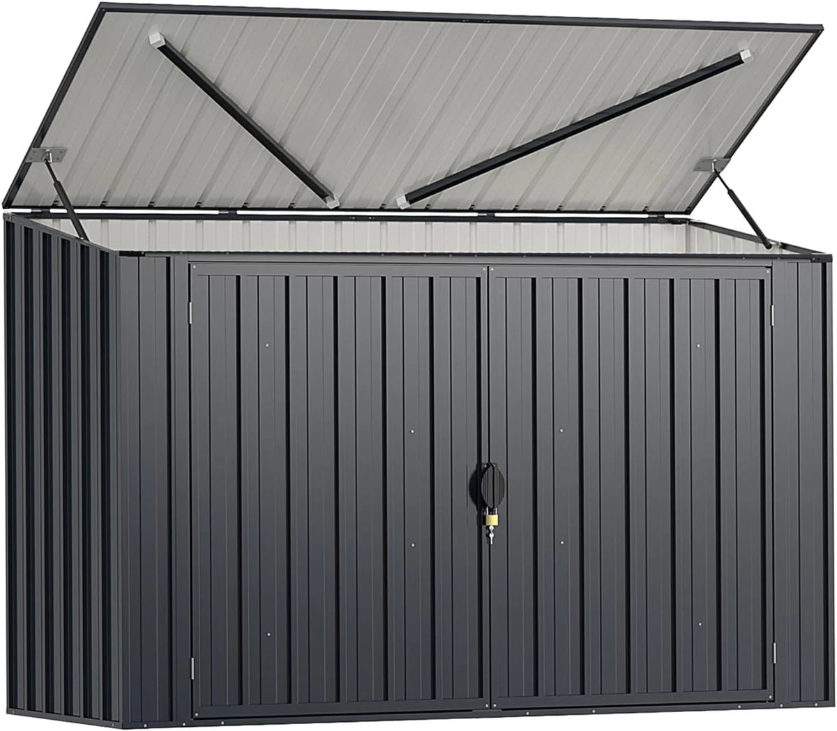 GOPLUS 1,9 m³ Caseta de Jardín de Acero Galvanizado, 193 x 86 x 127 cm, Cobertizo Exterior con Doble Puerta con Cerraduras, Palanca Hidráulica, Casa para Herramientas, Bicicletas, Cubos de Basura