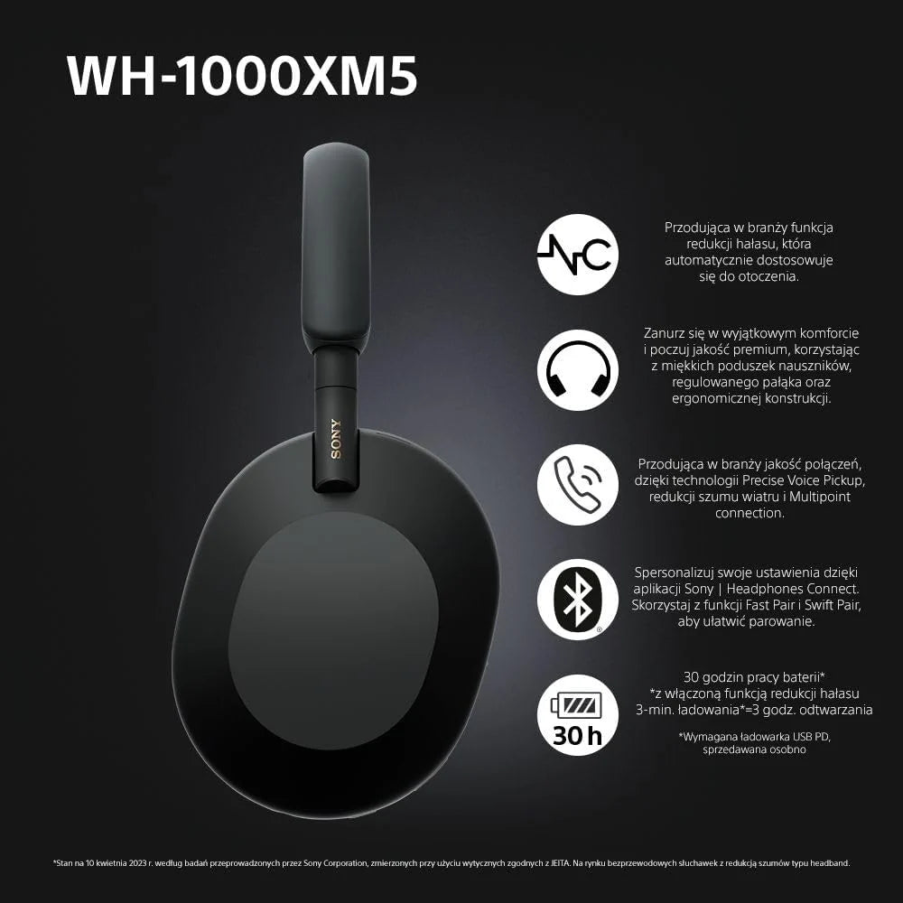 Sony WH-1000XM5 ANC Bezprzewodowe Słuchawki Nausze Z Redukcją Hałasu, Bluetooth, Clear Call Quality, Hi-Res, Do 30H Baterii, Szybkie Ładowanie, Alexa And Google Assistant, Ios And Android - Czarne