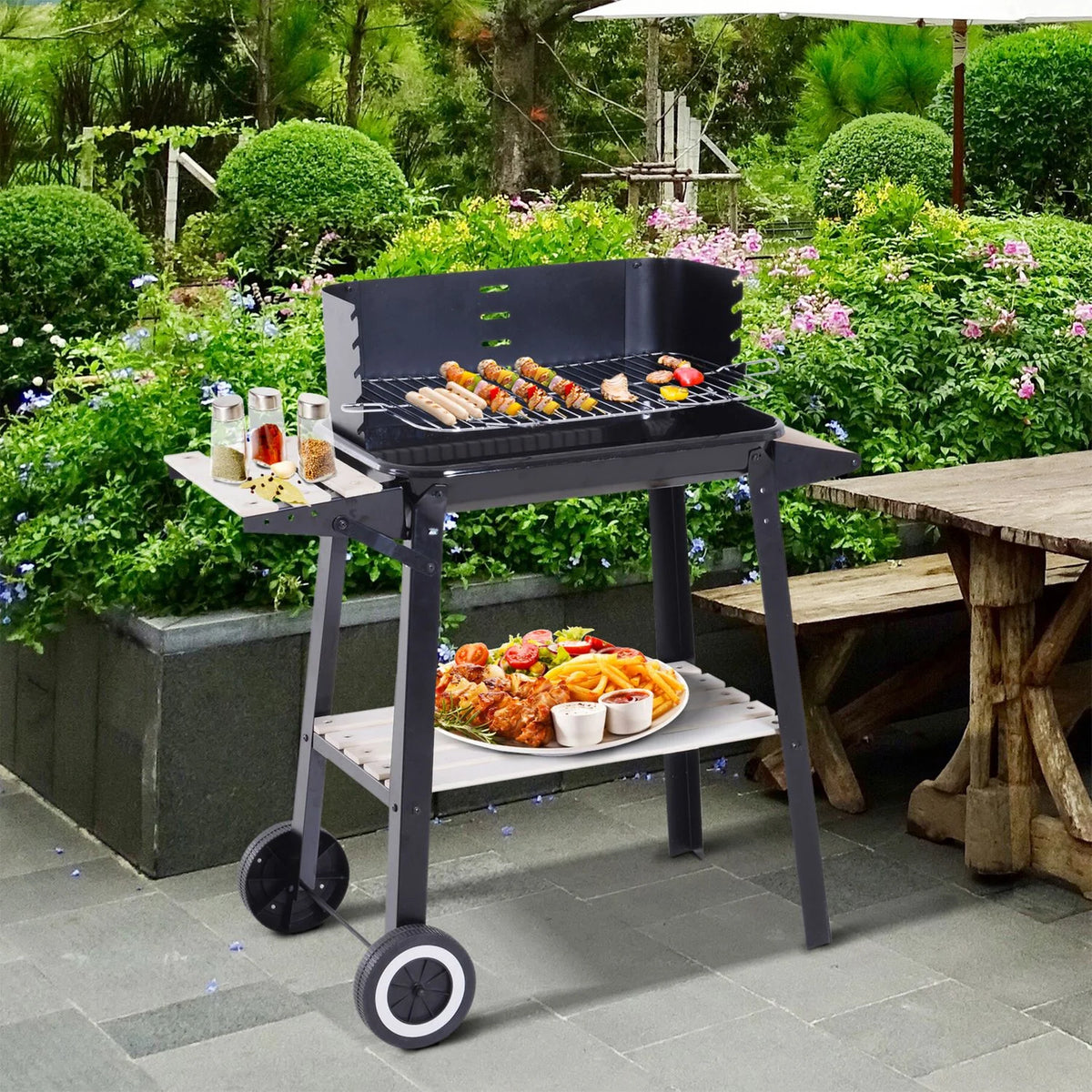 Barbacoa De Carbón Bbq Con Ruedas Y Estante Outsunny 83x37x87cm Negro