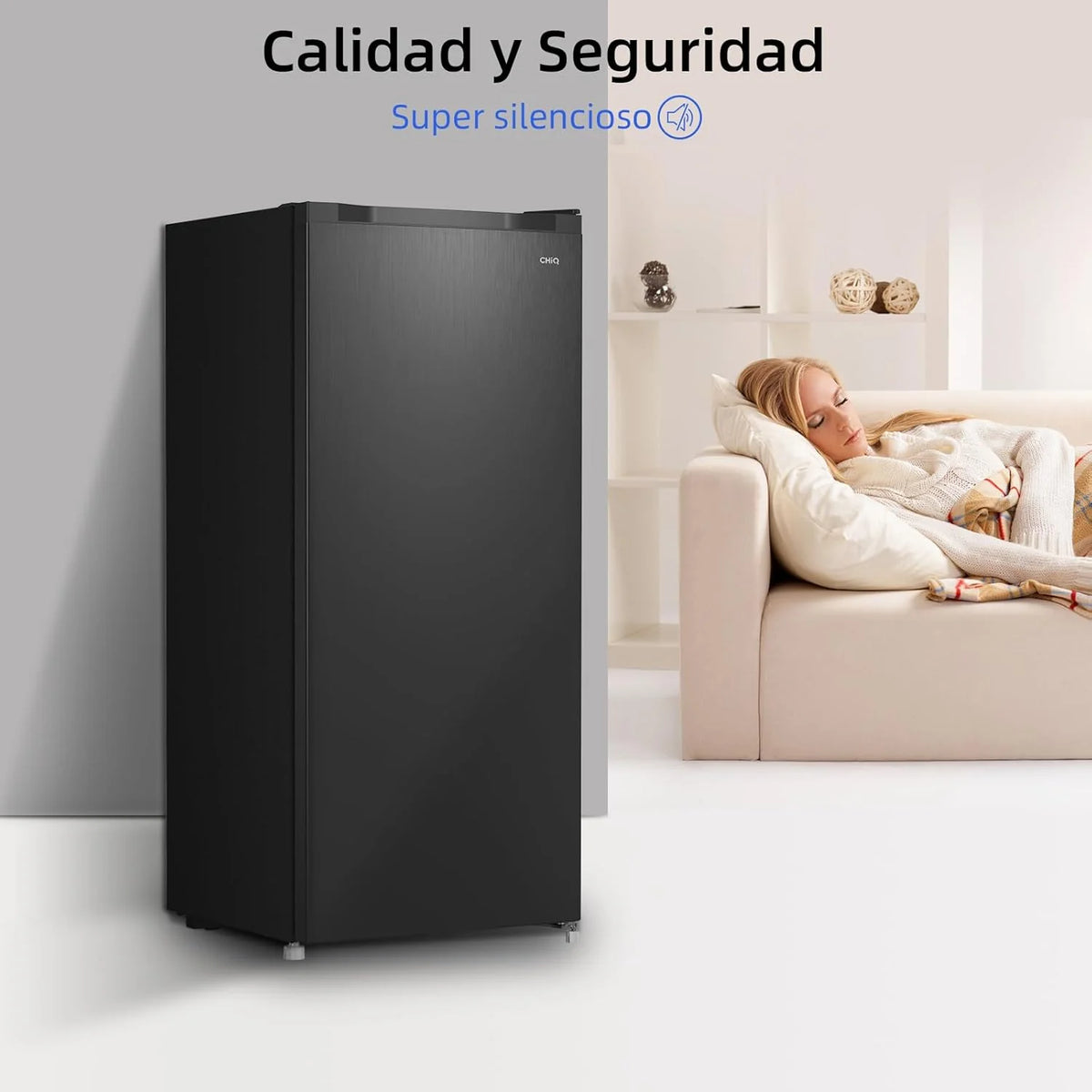 Congelador vertical independiente CHiQ, 145L de capacidad, congelación rápida, termostato ajustable, silencioso, puerta reversible, negro, clasificación energética E