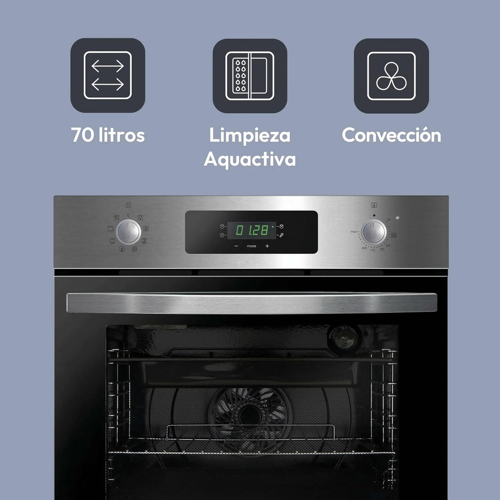 Candy FIDCP X625 L, Horno Multifunción, 70L, Bandeja y Rejilla, Limpieza Aquactiva, Convección + Ventilador radial, 8 Funciones, Display Timer Touch, Mandos Push&Pull, Puerta 2 Cristales, Inox y Negro