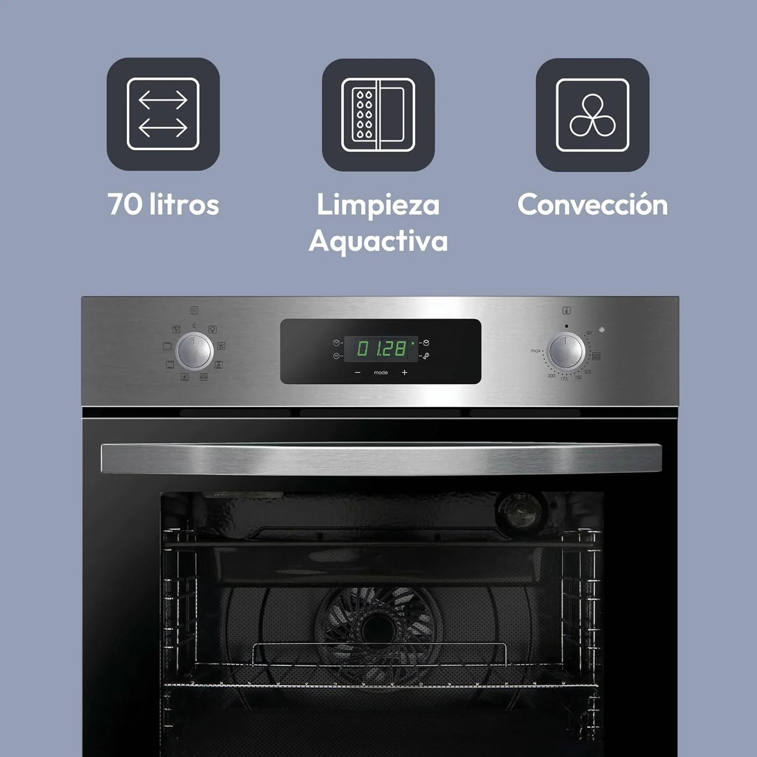 Candy FIDCP X625 L, Horno Multifunción, 70L, Bandeja y Rejilla, Limpieza Aquactiva, Convección + Ventilador radial, 8 Funciones, Display Timer Touch, Mandos Push&Pull, Puerta 2 Cristales, Inox y Negro