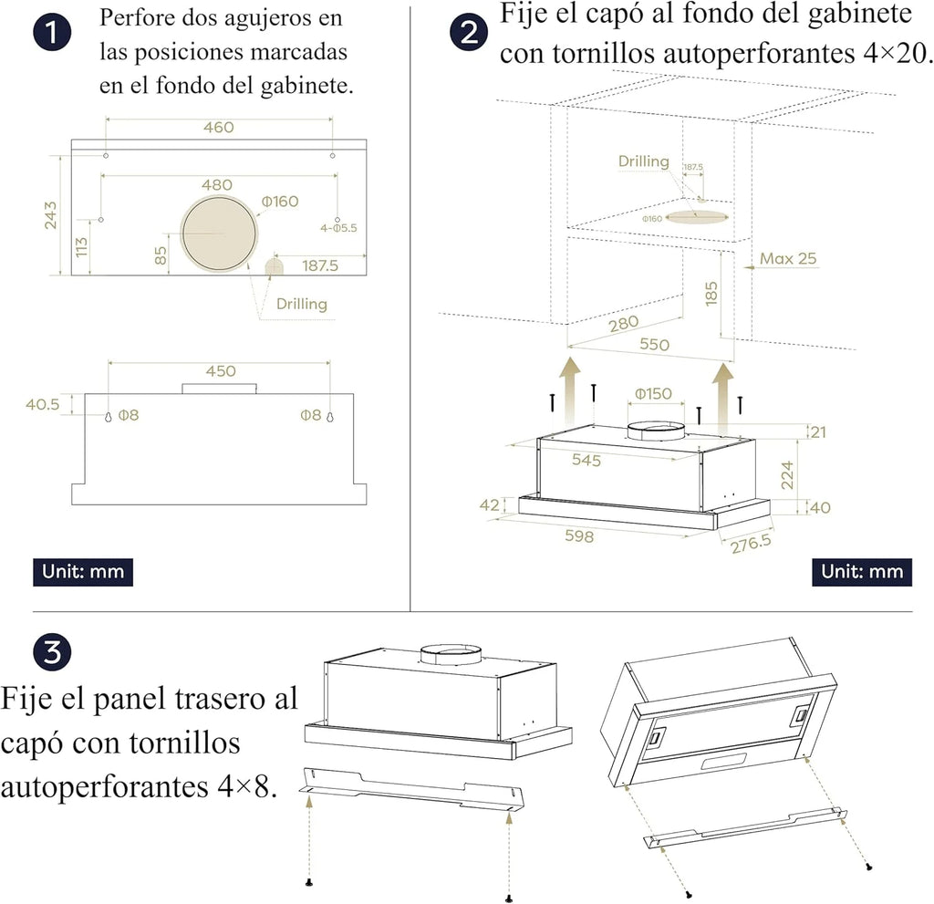 CIARRA CBCB6909A Campana Extractora Telescópica Negra Cocina 60 cm 600 m³ / h Clase A+ 3 Niveles Control Táctil Iluminación LED Filtro de Carbón CBCF055