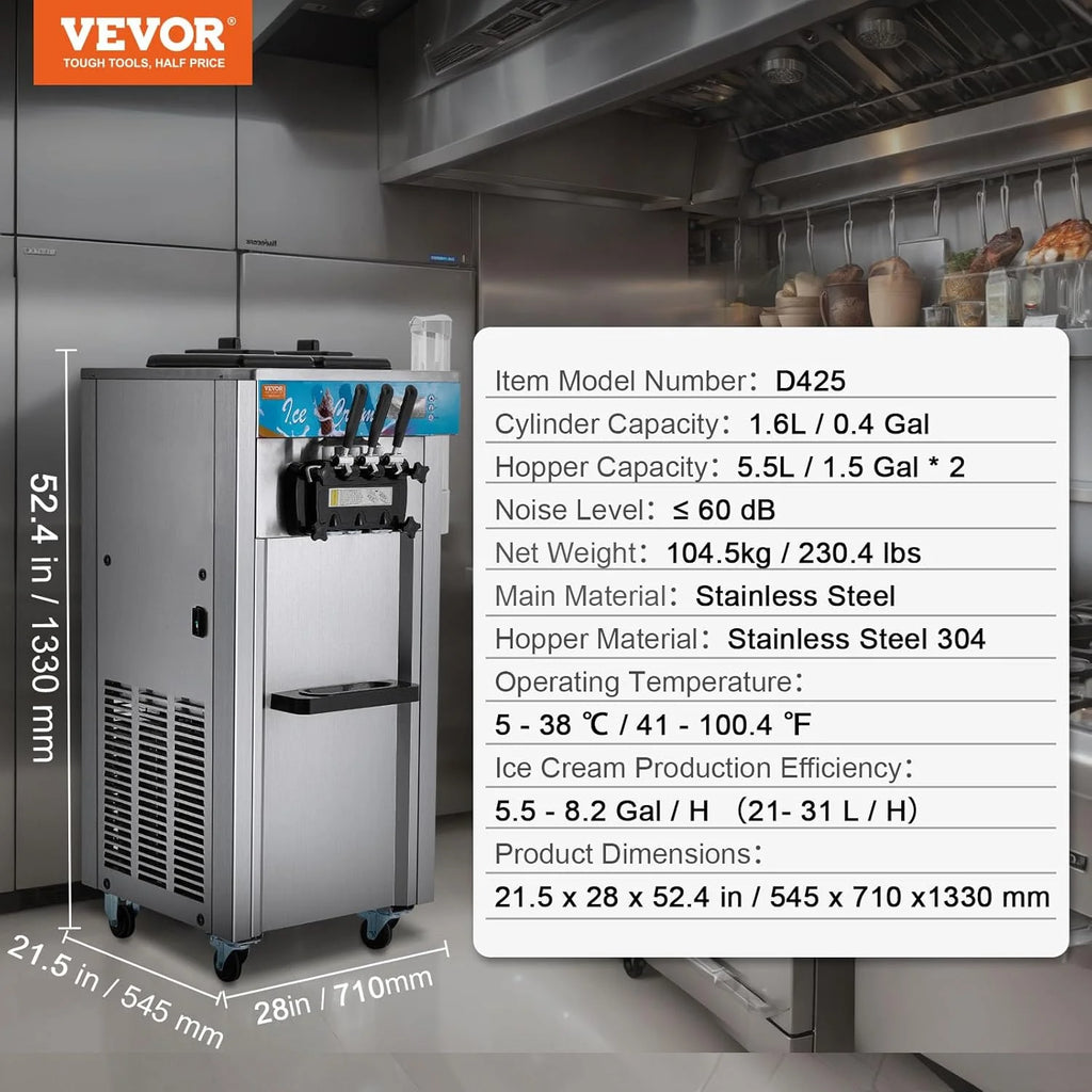 VEVOR Máquina de Helados Comercial 21-31 L/h 1500 W 3 Sabores Máquina para Hacer Helados 2 Tolvas de 5,5 L Independiente Pre-Refrigeración Limpieza Automática para Restaurante Bar Mercado Tienda