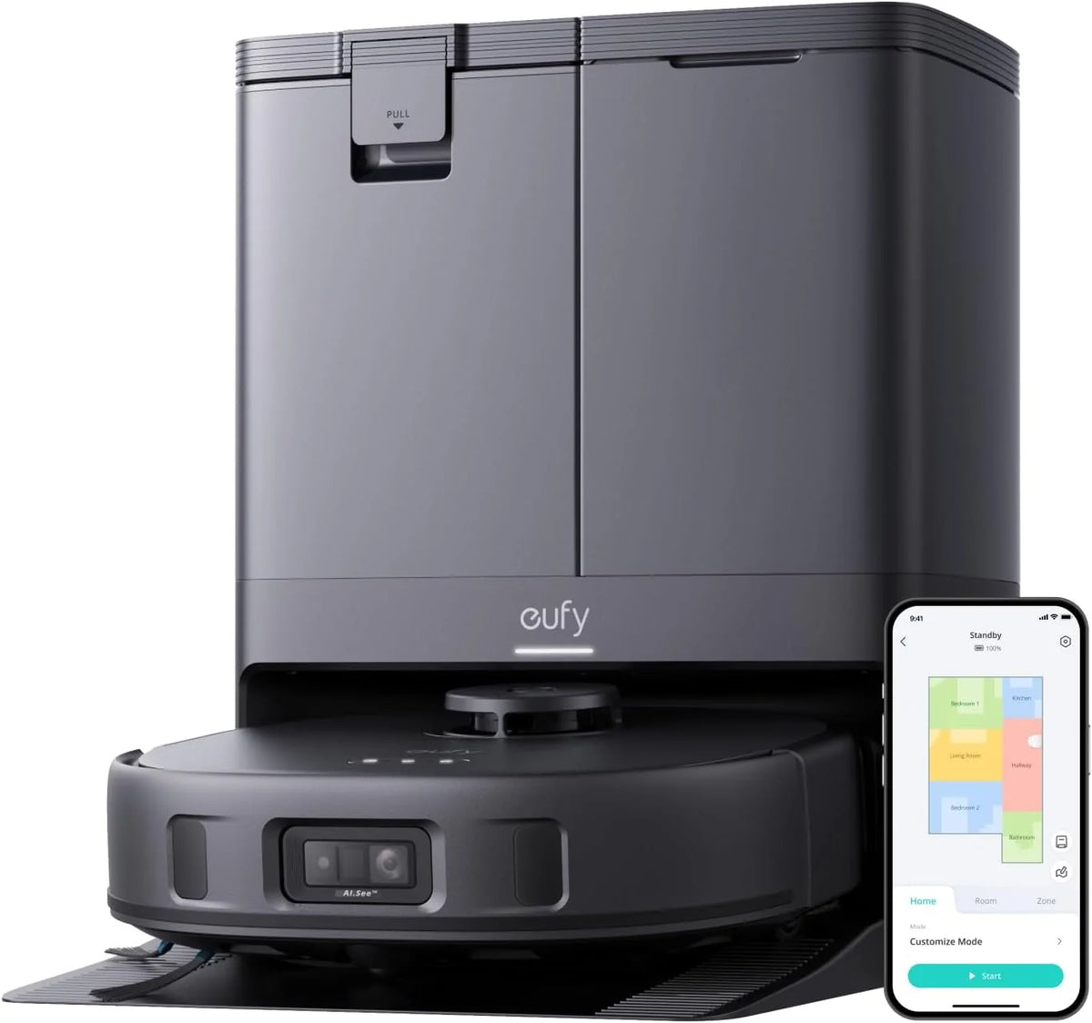 eufy X10 Pro Omni Robot Aspirador con Base Autovaciado y Mopas Giratorias, Mopa Doble con Elevación Automática de 12 mm, Detección de Alfombras, Antiobstáculos AI, Lavado y Secado automático, Negro