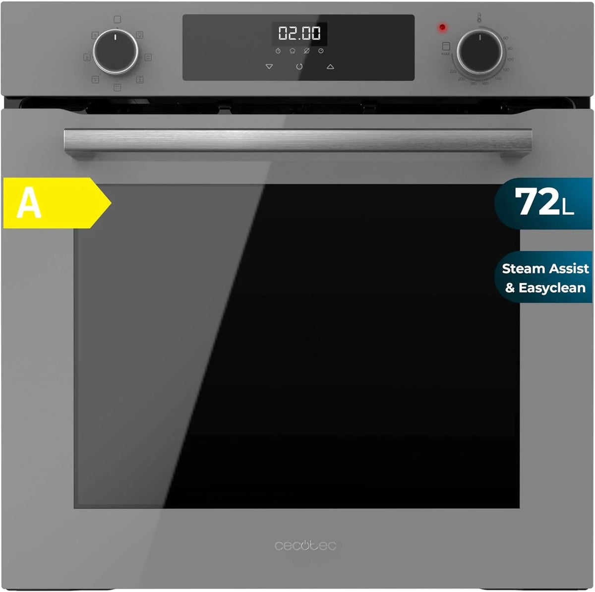 Cecotec Horno Multifunción Integrable 60cm Bolero Hexa M226000 Glass Grey A. 2800W, 72L, 7 Funciones, Modo Grill, Fan Assisted Grill, Modo Convección, Defrost, Steam Base X2, Steam EasyClean y Assist