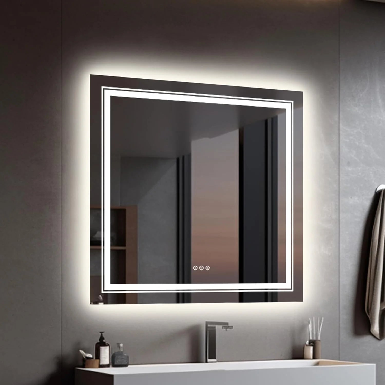 LUVODI Espejo Bano Led Cuadrado: 80x80 Espejos Baño Pared Antivaho Retroiluminado 80x80cm con Doble Fuente de Luz Led Interruptor Tactil Inteligente sin Marco para Maquillaje Cuardo de Baño Lavavo