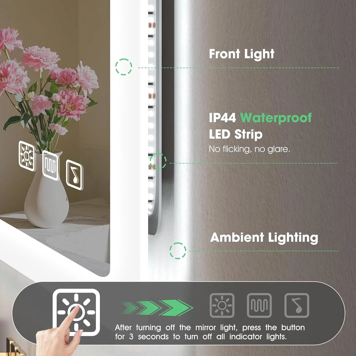 S'bagno Espejo-Baño-con-Luz 100x70cm, Espejo-Baño-Led-Bluetooth, Antivaho, 3 Colores, Regulable, Memoria, Vidrio Templado HD, Resistente Al Agua IP44, Vertical/Horizontal