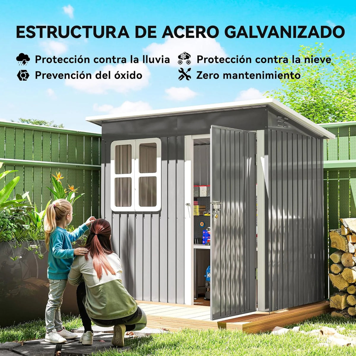 Outsunny Caseta de Jardín Exterior, 2,55 m² 221x133x190 cm, Cobertizo de Jardín Exterior Metálico con Ventana, Puerta con Cerradura y Ventilaciones, para Almacenamiento de Herramientas, Gris Oscuro