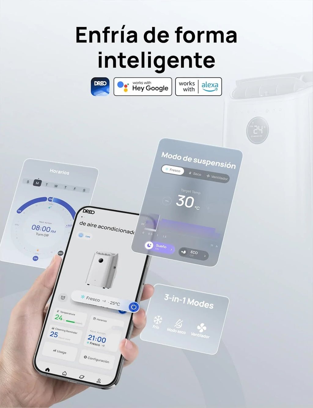 DREO Aire Acondicionado Portátil de 10000 BTU para Habitación, Refrigeración sin Drenaje, Silencioso, Control por Aplicación/Voz, Temporizador de 24 Horas, con Ventilador y Deshumidificador