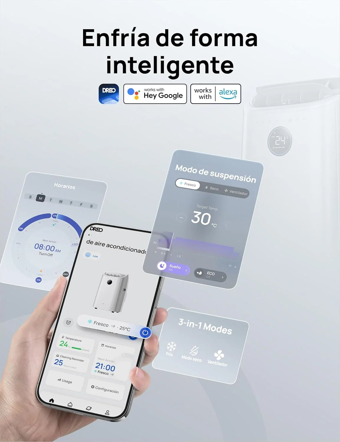 DREO Aire Acondicionado Portátil de 10000 BTU para Habitación, Refrigeración sin Drenaje, Silencioso, Control por Aplicación/Voz, Temporizador de 24 Horas, con Ventilador y Deshumidificador