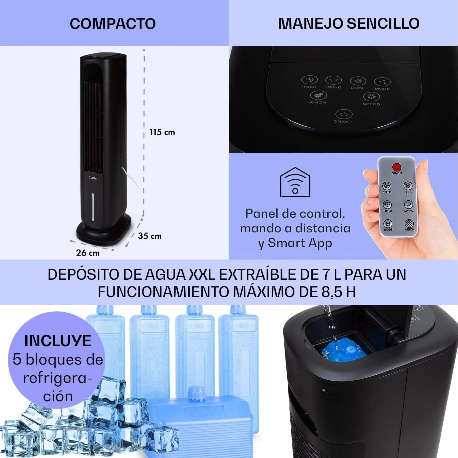 KLARSTEIN Polar Tower Smart Climatizador Evaporativo – 4 en 1: Ventilador, Humidificador & Purificador, Control App & Alexa, Depósito 7L, 3.306 m³/h, Modo Noche, Portátil con Ruedas, Negro