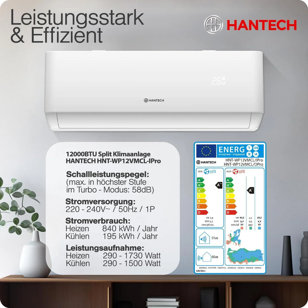 HANTECH Split aire acondicionado 12000 BTU H-PRO función de calefacción y refrigeración, filtro de aire, WIFI, material de montaje