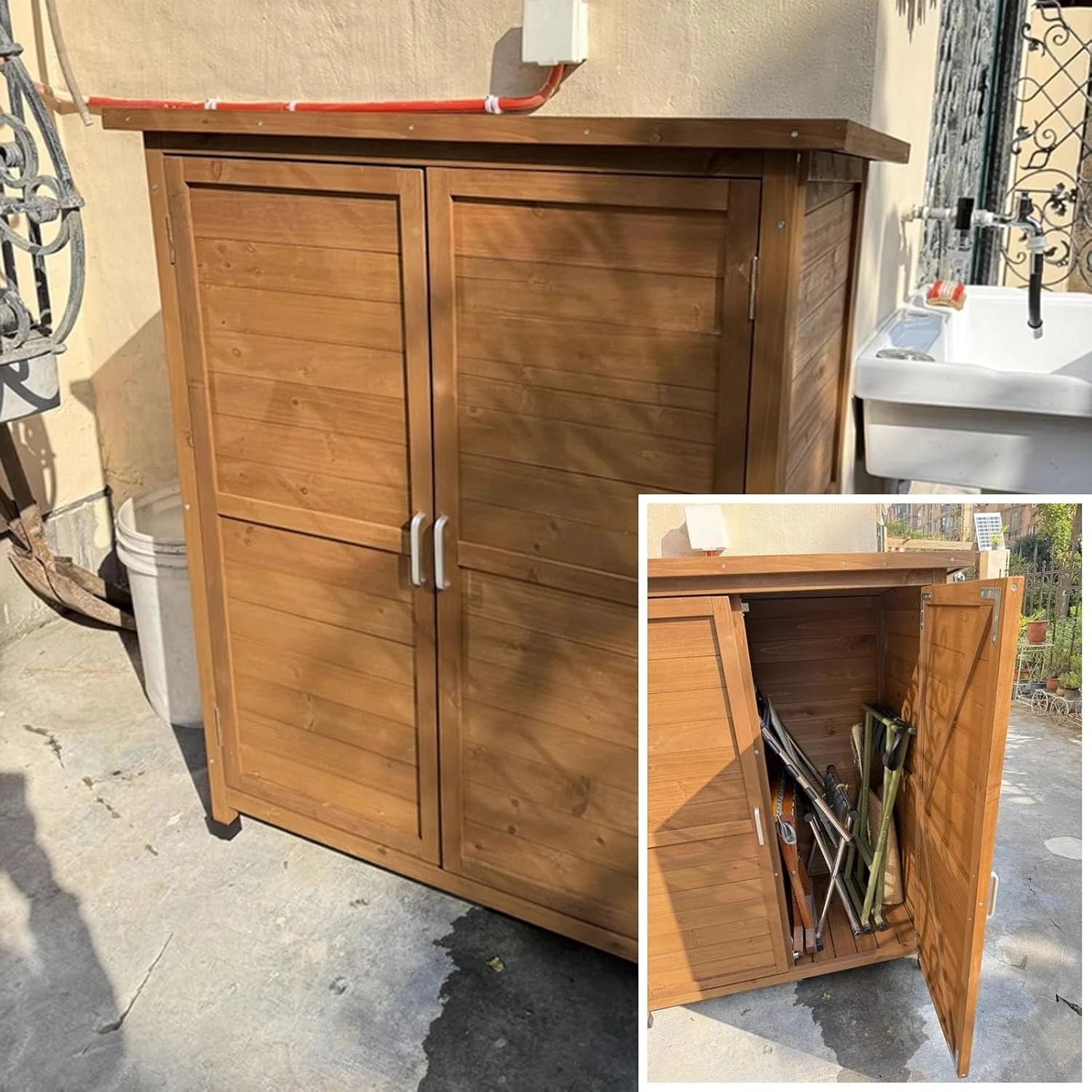 Armario de almacenamiento para exteriores, diseño vertical impermeable con almohadillas ajustables, fácil de montar para patio, jardín y porche