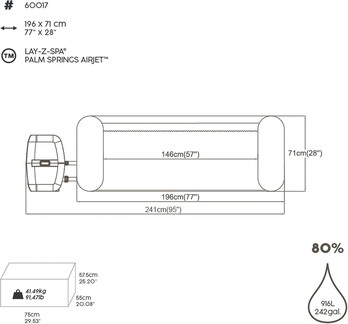 Bestway Lay-Z-SPA® 77" x 28"/1.96m x 71cm Palm Springs AirJet
